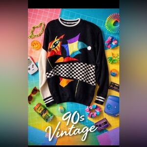 Black and Red Crew Neck Sweater with Geometric Design